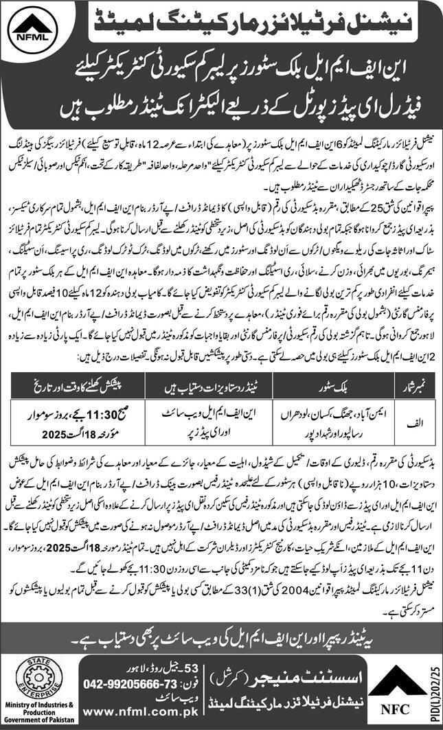 National Fertilizer Marketing Limited Lahore Tender Notice